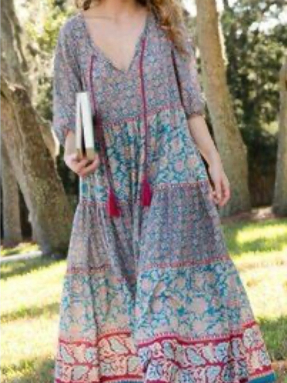 Natural Life Tiered Maxi Dress Floral Tassels Size Large Boho